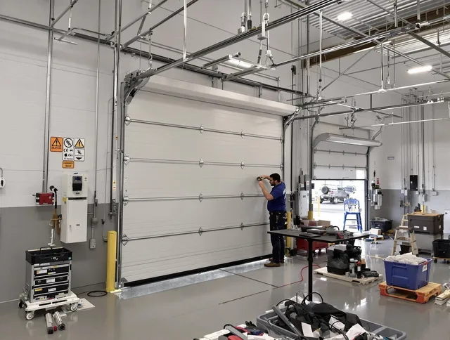 Commercial garage door repair being performed by Murrieta Garage Door Repair expert in Murrieta