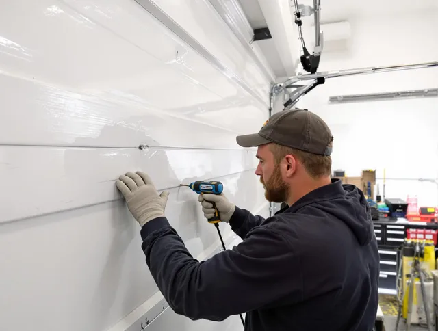 Murrieta Garage Door Repair technician demonstrating precision dent removal techniques on a Murrieta garage door