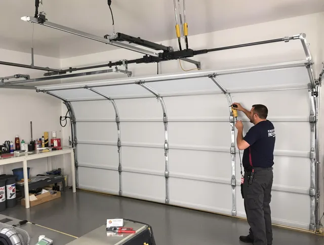 Murrieta Garage Door Repair certified technician performing overhead door system repair in Murrieta