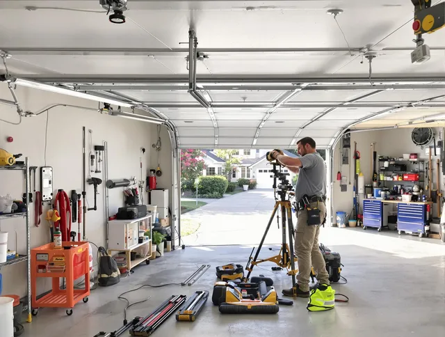 Murrieta Garage Door Repair specialist performing laser-guided track alignment in Murrieta